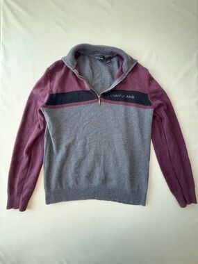 Dkny Jeans Men's Gray and Burgundy Zip-Neck Sweater